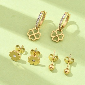 304 Stainless Steel Rhinestone Clover & Round Earring Sets, Ion Plating(IP)