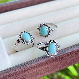 Регулируемые кольца из искусственной бирюзы с 925 наборами колец из стерлингового серебра, античное серебро