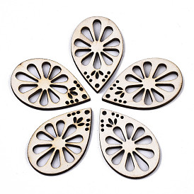 Unfinished Natural Poplar Wood Pendants, Laser Cut Wood Shapes, Teardrop with Flower