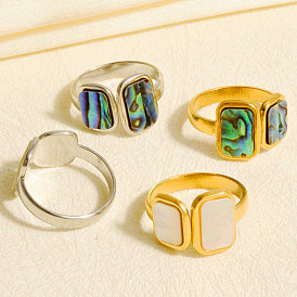 304 Открытые кольца-манжеты из нержавеющей стали с натуральными ракушками для женщин, прямоугольные