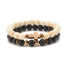 Cross Wood Beaded Stretch Bracelet Sets, Non-magnetic Synthetic Hematite Beads Bead Stackable Bracelets for Women