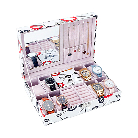 Red Lip Print PU Leather Jewelry Organizer Boxes, with Mirror and Velvet Inside, for Rings Earrings Bracelets Wathes, Rectangle