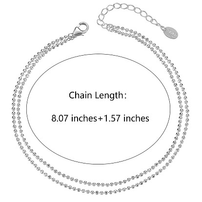 925 Sterling Silver Multi-strand Ball Chain Anklet with Tiny Oval Charm, Women's Jewelry for Summer Beach