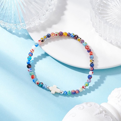 Браслеты из круглых бусин миллефиори ручной работы и синтетических бирюзовых бусин, окрашенных распылением, круглый и крест