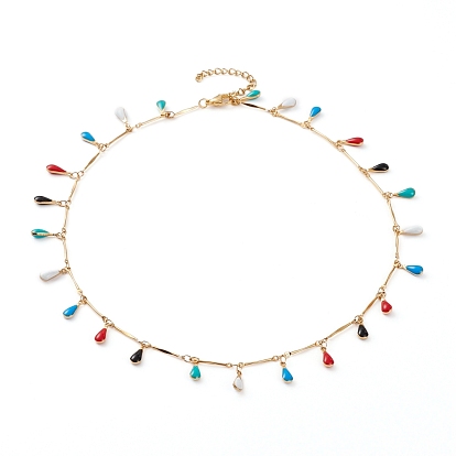 304 Stainless Steel Teardrop Pendant Necklaces, with Enamel and Bar Link Chains, Colorful