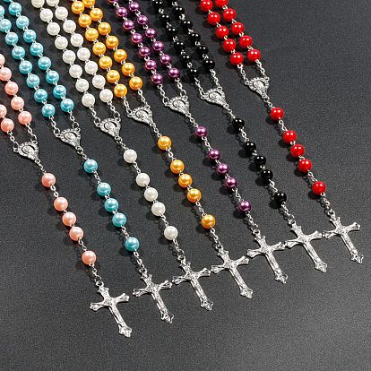 Plastic Imitation Pearl Rosary Bead Necklace for Easter, Alloy Crucifix Cross Pendant Necklace with Iron Chains