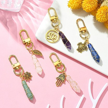 5Pcs 5 Style Copper Wire Wrapped Gemstone Bullet Pendant Decorations, Tibetan Style Alloy and Swivel Clasps Charms, Mixed Shapes