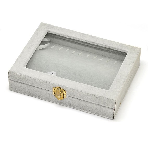 Wooden Rectangle Jewelry Boxes, Covered with Velvet, with Glass and Iron Clasps, 20x15.7x4.7cm