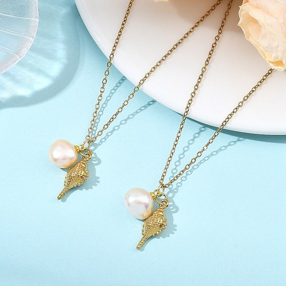 Океан 304 подвеска из нержавеющей стали в форме раковины и подвеска из натурального культивированного пресноводного жемчуга на цепочке для женщин, цветочный белый