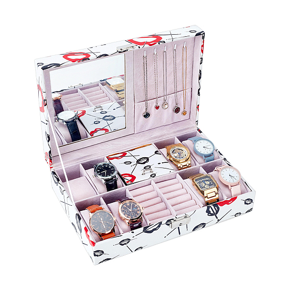 Boîtes à bijoux en cuir PU à imprimé lèvres rouges, avec miroir et velours à l'intérieur, pour bagues, boucles d'oreilles, bracelets, montres, rectangle