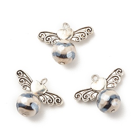 Natural dZi Agate Pendants, with Antique Silver Tone Alloy Wings, Angel