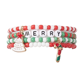 4Pcs 4 Styles Christmas 4mm Round Glass Seed Beaded Stretch Bracelet Sets, Snowman & Candy Cane Alloy Enamel Charm Stackable Bracelets for Women