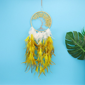 Tree of Life Wrapped Natural Gemstone Chips Woven Web/Net with Feather Decorations, for Home Bedroom Hanging Decorations