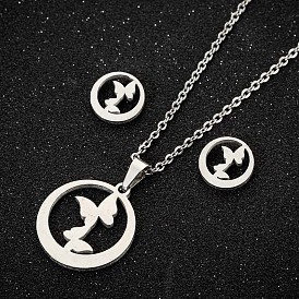 Geometric Butterfly Jewelry Set with Round Cutouts - Stainless Steel Earrings and Necklace