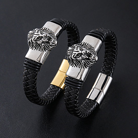 Браслеты из плетеного шнура из искусственной кожи в стиле панк, 304 Браслеты из нержавеющей стали с подвесками в виде льва для мужчин, с магнитной застежкой