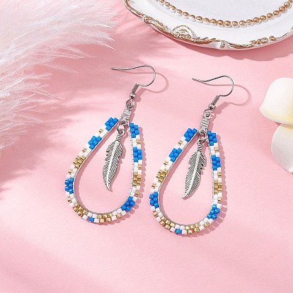 304 серьги-гвоздики из нержавеющей стали и стеклянных бусин для женщин, с 304 нержавеющей стали серьги крючки, слеза с пером, платина