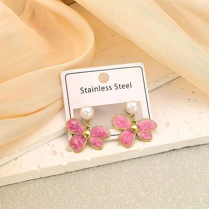 304 Stainless Steel Enamel Four Petal Flower Dangle Earrings, Imitation Pearl Stud Earrings for Women, Golden