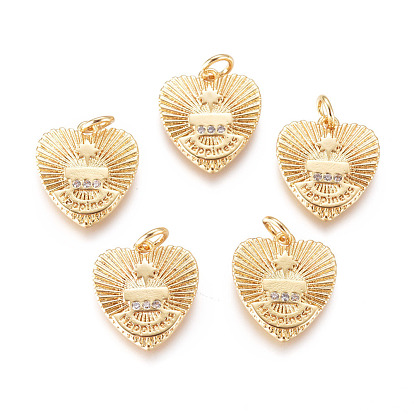 Латунные микро проложить кубического циркония прелести, с прыжковых колец, , со словами счастье, сердце, прозрачные