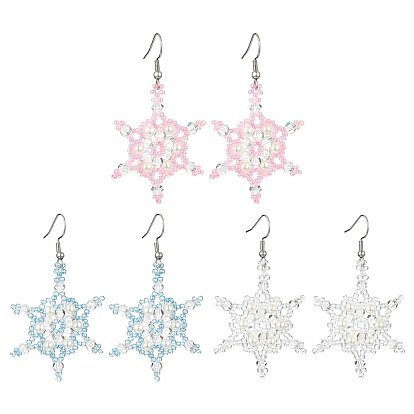 3Pairs 3 Colors Christmas Snowflake Glass Seed Braided Dangle Earrings, with 304 Stainless Steel Earring Hooks
