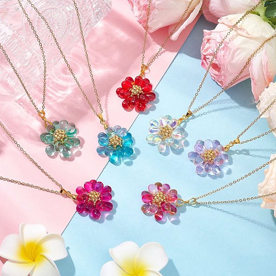 7шт 7цвета ручная работа стеклянные бусины подвески ожерелья, 304 ювелирные изделия из троса из нержавеющей стали для женщин, золотые