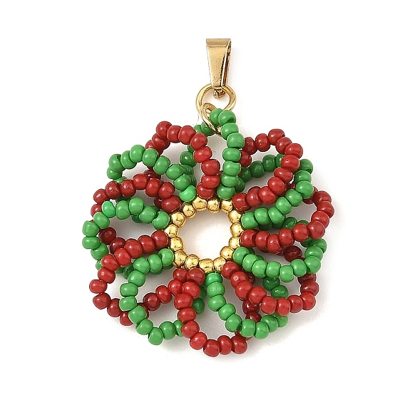 Colgantes de cuentas de vidrio navideñas, encanto de corona de navidad, con 304 presas de acero inoxidable a presión
