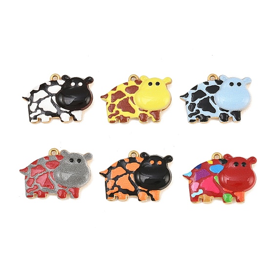 Printed 304 Stainless Steel Enamel Pendants, Dairy Cattle Charms, Ion Plating(IP), Real 18K Gold Plated