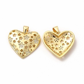 Rack Plating Brass Micro Pave Cubic Zirconia Pendants, Heart with Hollow Star Charm