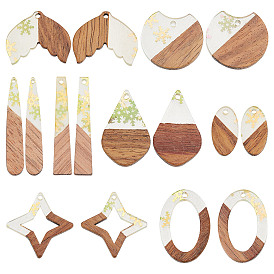 16Pcs 8 Style Transparent Resin & Walnut Wood Pendants, with Paillette/Sequin, Mixed Shape
