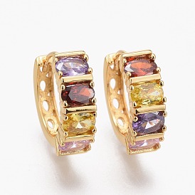 Brass Micro Pave Clear Cubic Zirconia Huggie Hoop Earrings, Long-Lasting Plated, Ring with Rectangle, Colorful