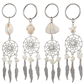 2 комплекты ключей из сплава в тибетском стиле с натуральными ракушками и синтетической бирюзой, с 304 разъемными кольцами из нержавеющей стали для брелка, кошелек, украшение для рюкзака
