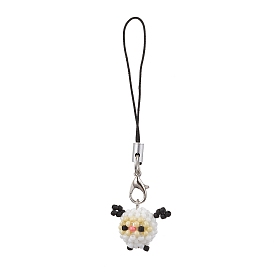 Sheep Glass Seed Beads Charms Mobile Straps, Nylon Cord Loop Mobile Accessories Decoration