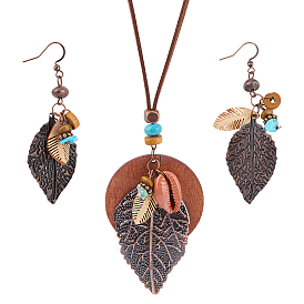 Bohemian Style Leaf Alloy & Wood Pendant Necklaces & Dangle Earrings Sets