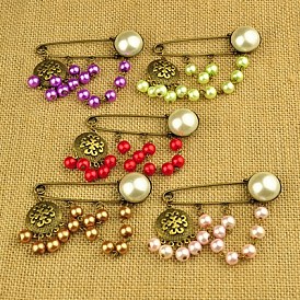 Broches de mode de style tibétain, avec perles nacrées en verre, cabochons acryliques et épingles de kilt fer, 60mm
