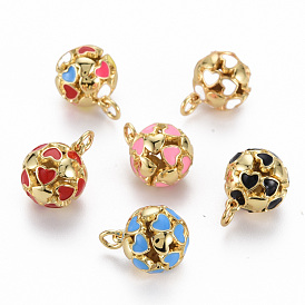 Brass Enamel Charms, with Jump Rings, Real 16K Gold Plated, Nickel Free, Round with Heart