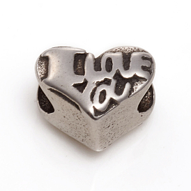 Saint valentin 304 perles européennes en acier inoxydable, Perles avec un grand trou   , coeur avec le mot je t'aime