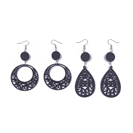 Wood Pendant Dangle Earrings, with Platinum Tone Iron Earring Hooks, Mixed Shapes