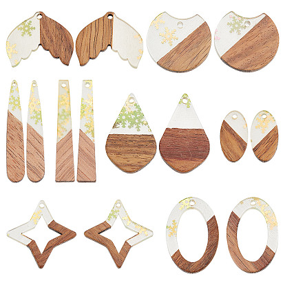 16Pcs 8 Style Transparent Resin & Walnut Wood Pendants, with Paillette/Sequin, Mixed Shape