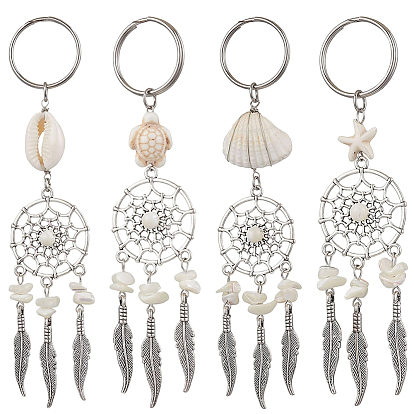 2 комплекты ключей из сплава в тибетском стиле с натуральными ракушками и синтетической бирюзой, с 304 разъемными кольцами из нержавеющей стали для брелка, кошелек, украшение для рюкзака
