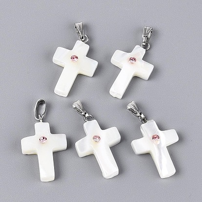 Подвески из натуральных ракушек trochus, Религиозные крестики-подвески со стразами и железными защелками, платина