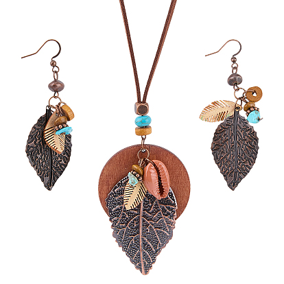 Bohemian Style Leaf Alloy & Wood Pendant Necklaces & Dangle Earrings Sets