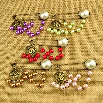 Broches de mode de style tibétain, avec perles nacrées en verre, cabochons acryliques et épingles de kilt fer, 60mm