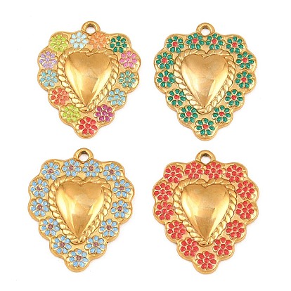 304 colgantes de esmalte de acero inoxidable, encanto de corazón con flor, real 18 k chapado en oro, revestimiento de iones (ip), larga duración plateado