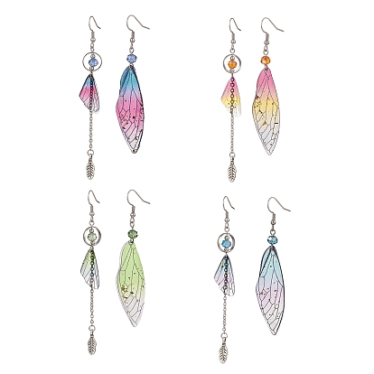 4 Set 4 Color Resin Wing with Feather Asymmetrical Earrings, Glass Bead Long Tassel Dangle Earrings for Women