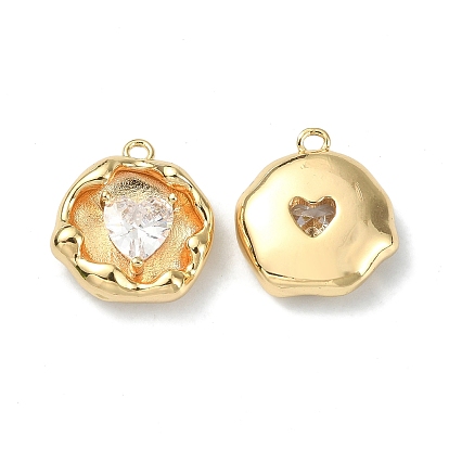 Rack Plating Brass Clear Cubic Zirconia Charms, Flat Round with Heart Charm