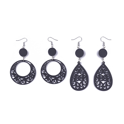 Wood Pendant Dangle Earrings, with Platinum Tone Iron Earring Hooks, Mixed Shapes