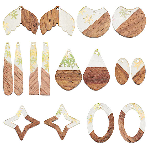 16Pcs 8 Style Transparent Resin & Walnut Wood Pendants, with Paillette/Sequin, Mixed Shape
