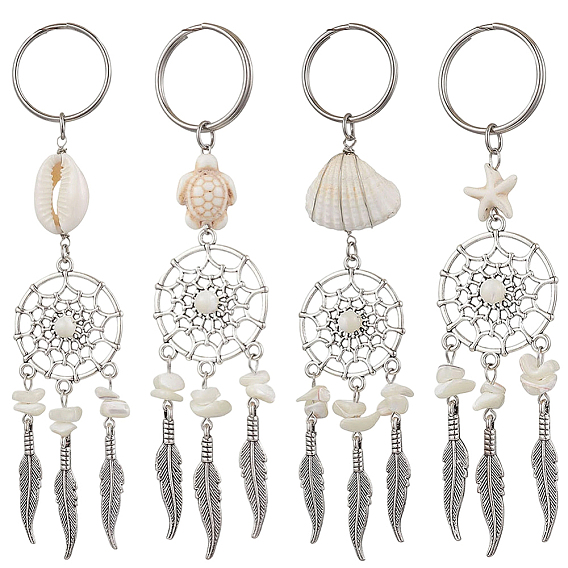 2 комплекты ключей из сплава в тибетском стиле с натуральными ракушками и синтетической бирюзой, с 304 разъемными кольцами из нержавеющей стали для брелка, кошелек, украшение для рюкзака