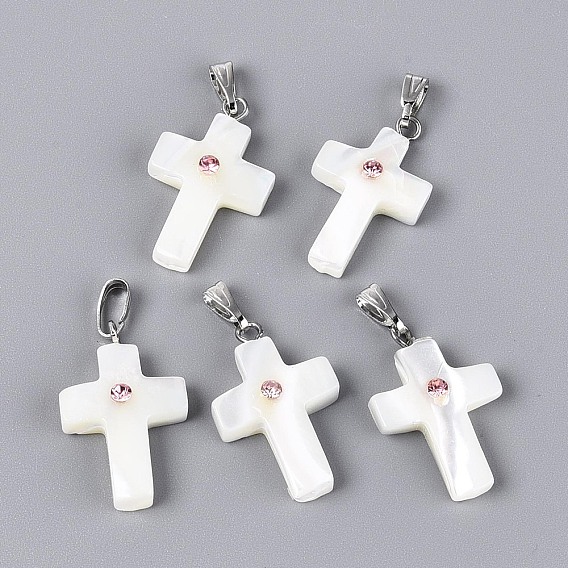 Подвески из натуральных ракушек trochus, Религиозные крестики-подвески со стразами и железными защелками, платина
