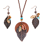 Ensemble de colliers et boucles d'oreilles pendantes en alliage de feuilles et en bois de style bohème