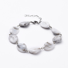 Acrylic Imitation Gemstone Style Beads Bracelets, with Iron Eye Pin, 304 Stainless Steel Heart Link Extender Chains and Lobster Claw Clasp